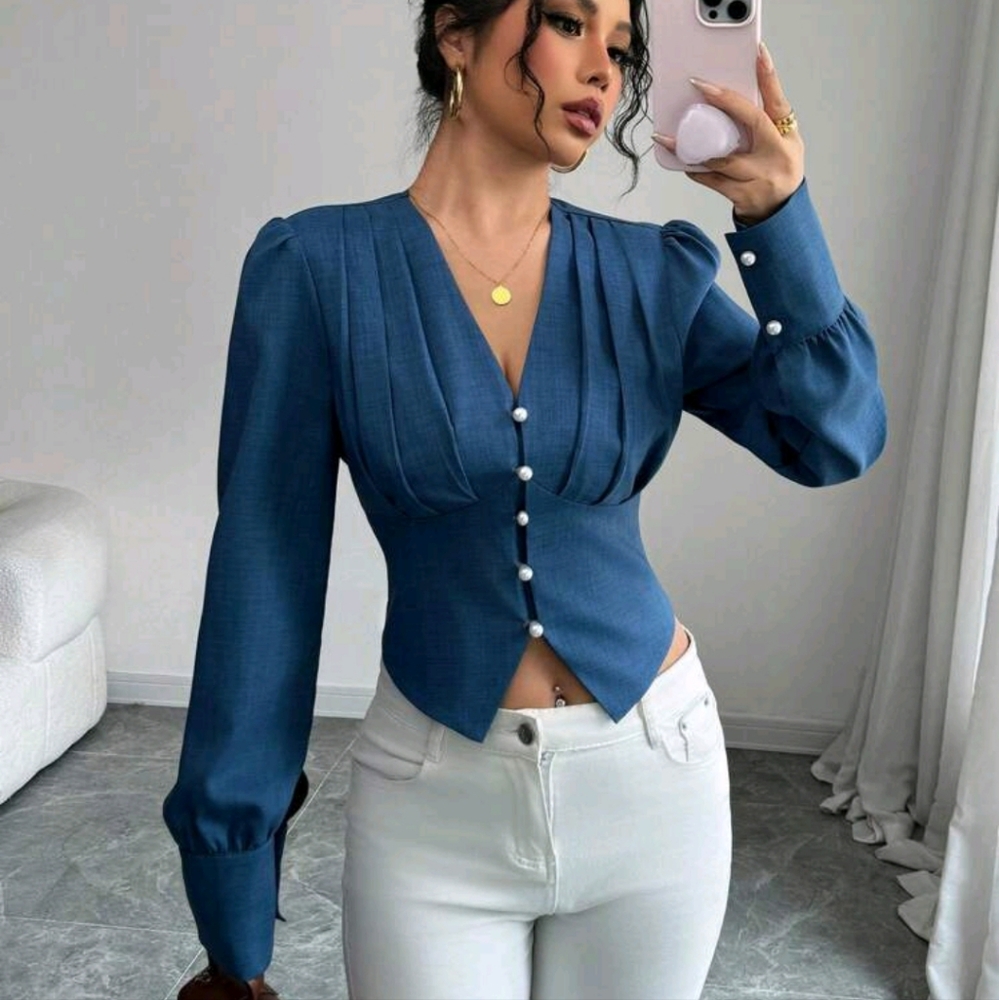 Pleated Pearl Button V-Neck Elegant Waist Shirt - Picture 1 of 4